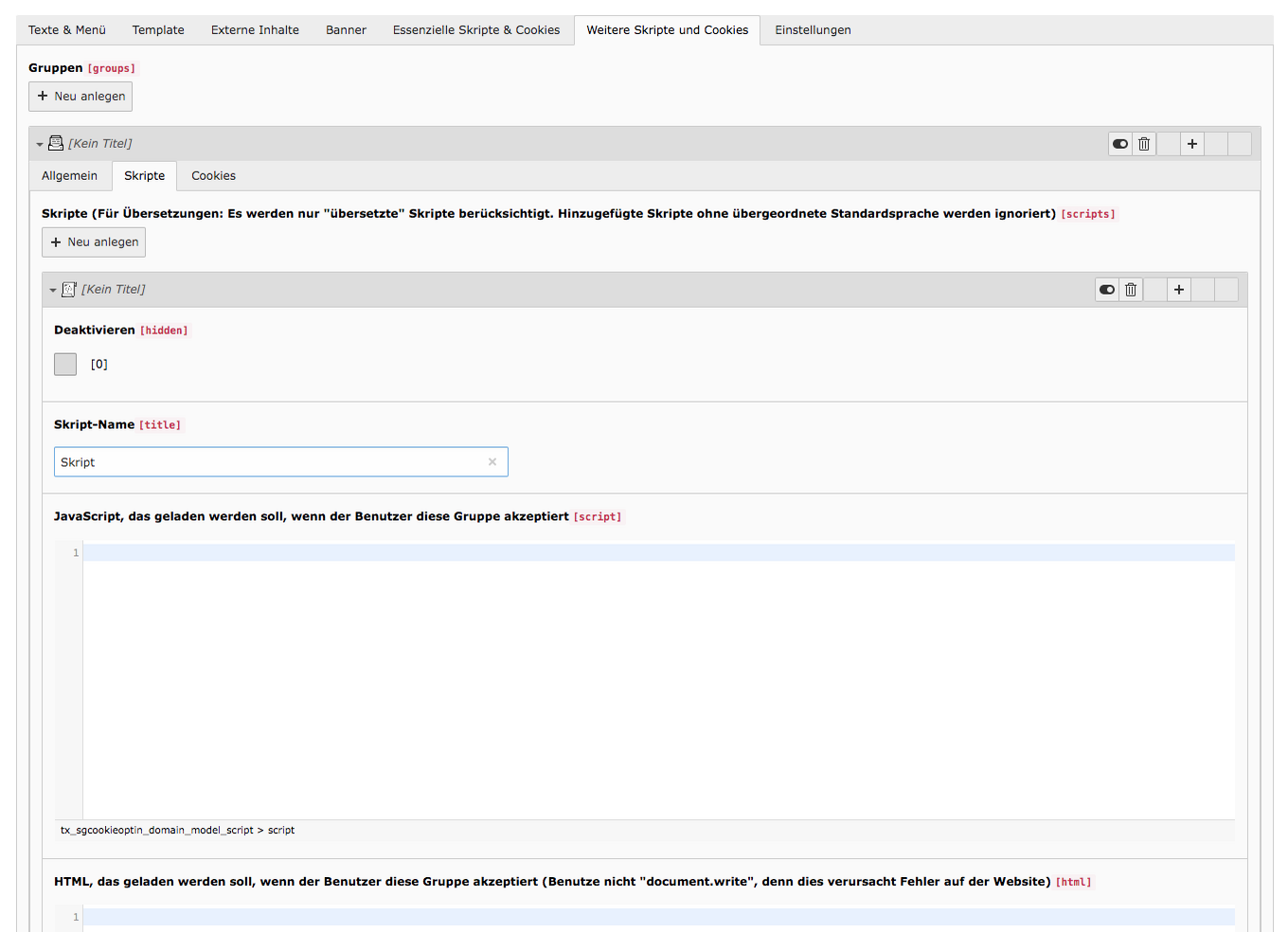 Cookie Consent TYPO3 Tab Weitere Skript- und Cookiegruppen Skripte