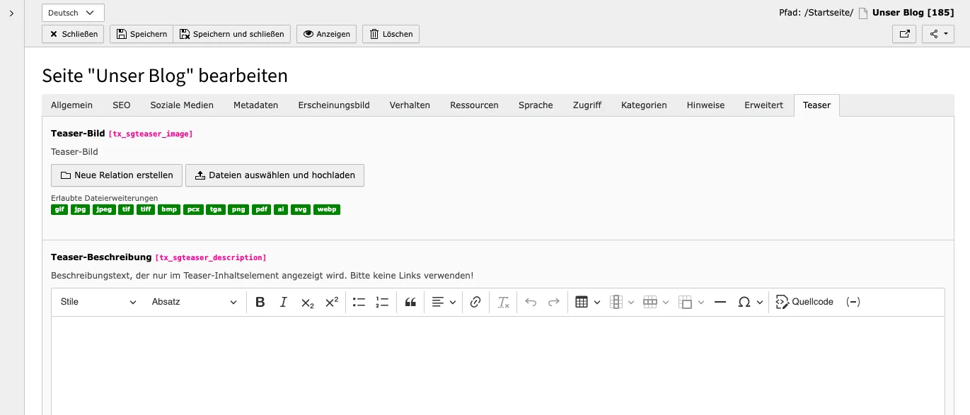 TYPO3 Seiteneigenschaften Tab Teaser