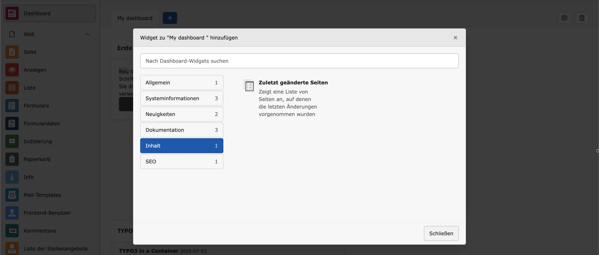 TYPO3 Backend Modul Dashboard Widget Tab Inhalt