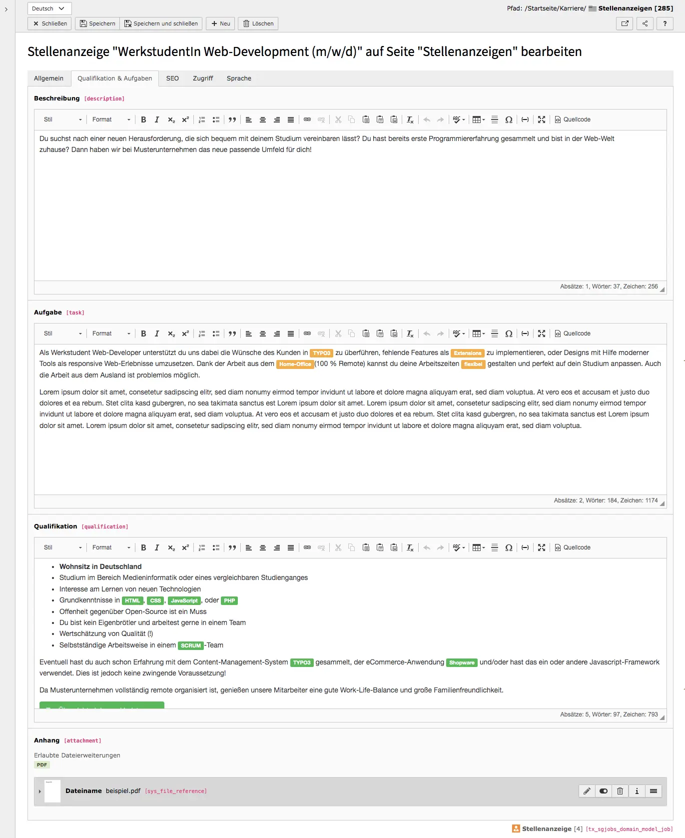 TYPO3 Modul Liste der Stellenangebote Reiter Aufgaben und Qualifikationen