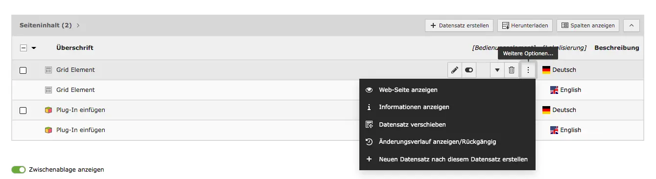 TYPO3 Modul Liste Erweiterte Ansicht