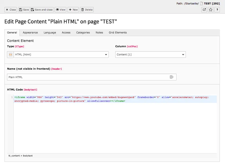 TYPO3 Content Element Special Element Plain HTML Backend Tab General