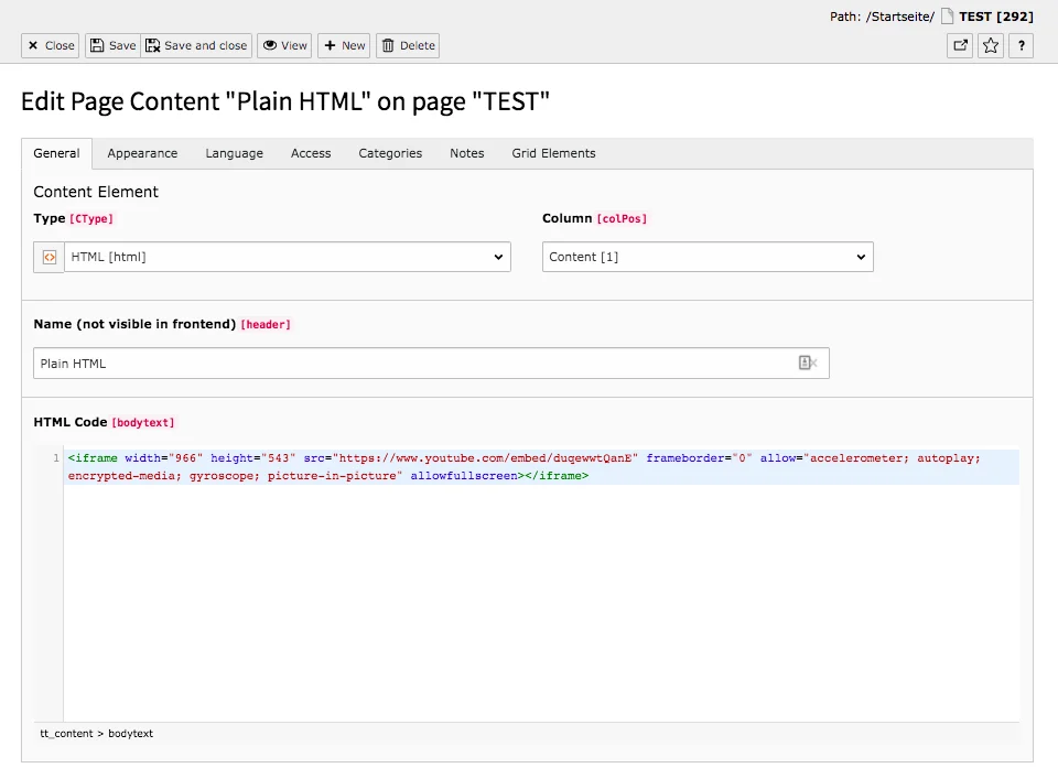 TYPO3 Content Element Special Element Plain HTML Backend Tab General
