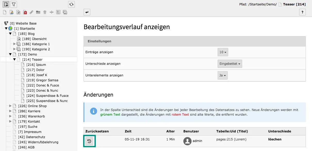 Aktionen rückgängig machen TYPO3