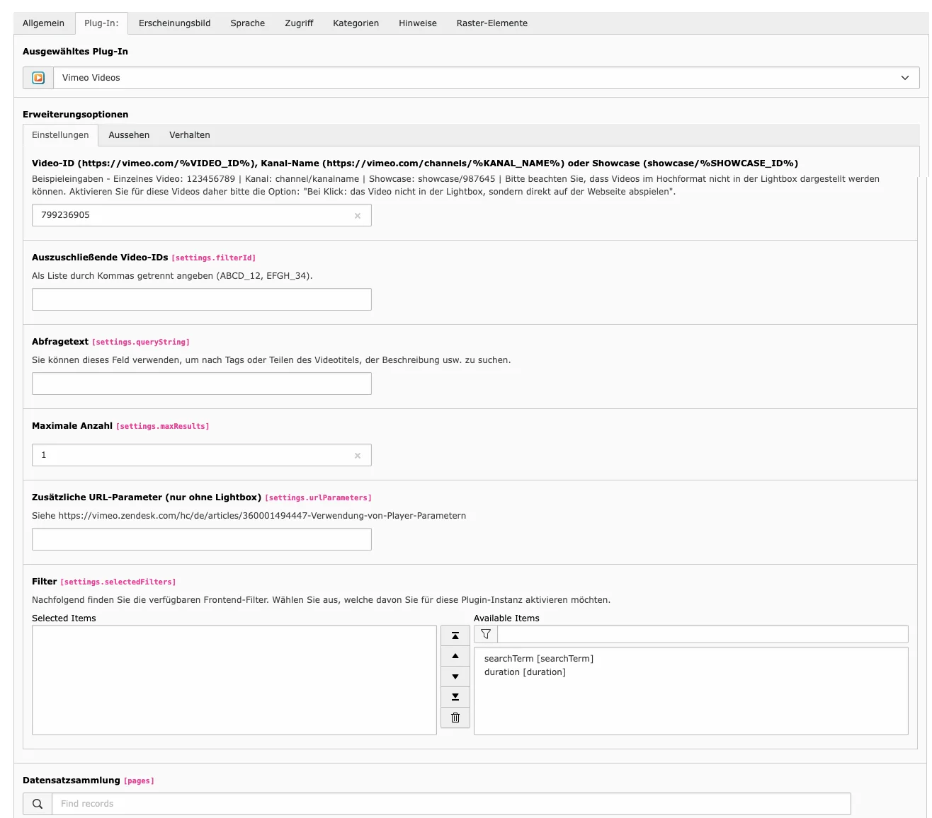 TYPO3 Inhaltselement Vimeo Plug-In Backend Reiter Plug-In: Einstellungen