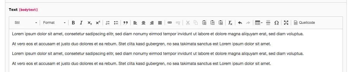 TYPO3 RTE Rich Text Editor mit Text
