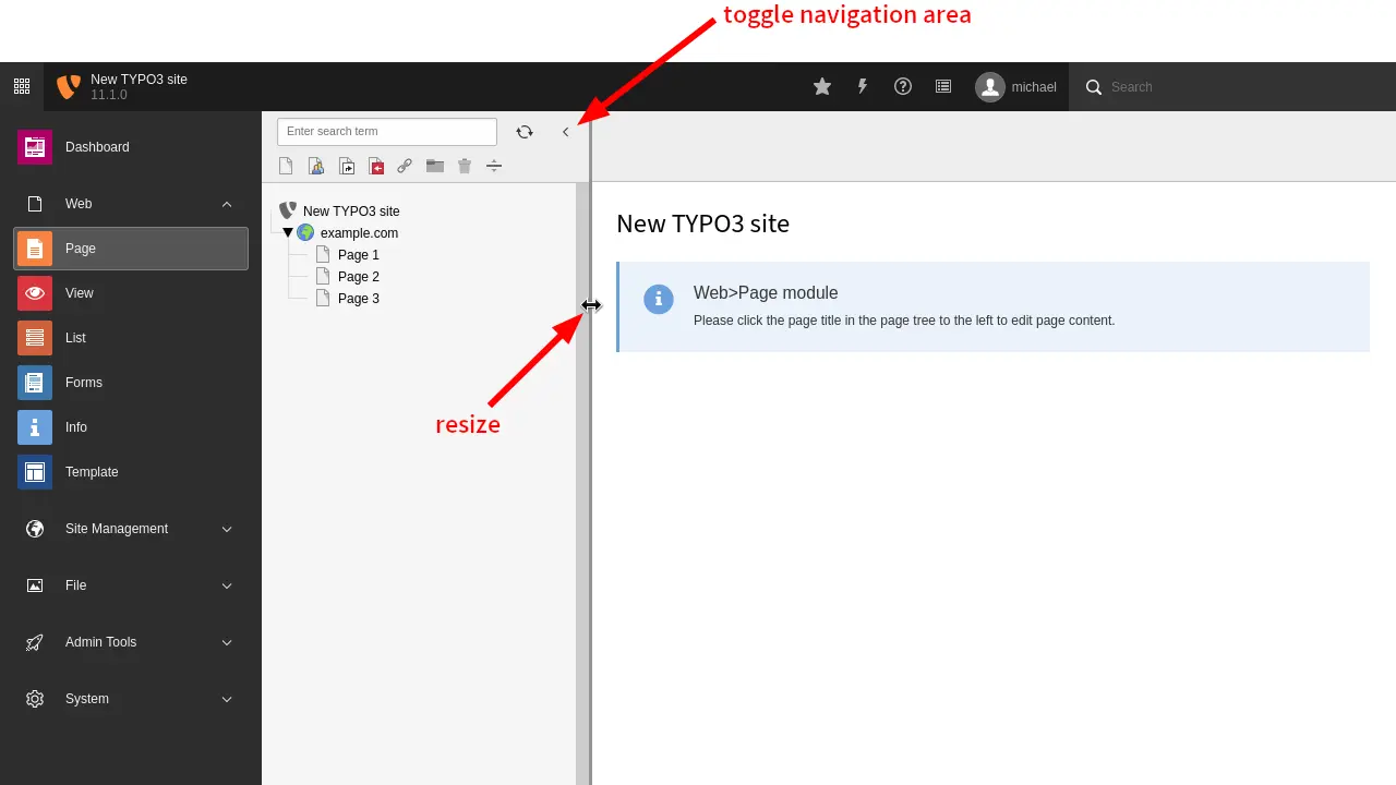 TYPO3 v11 LTS Verstellbare Breite in der Seitenbaum-Navigation