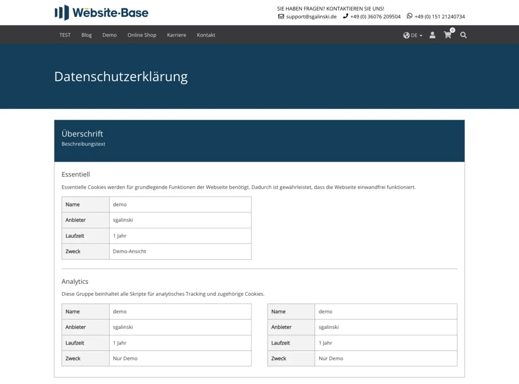 TYPO3 Cookie-List Umfassend Frontend