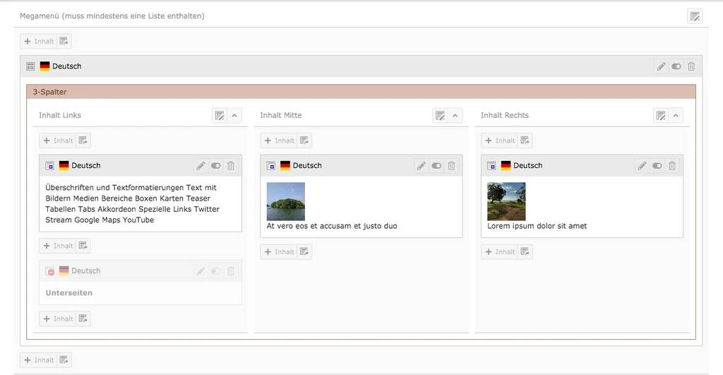 TYPO3 Megamenü Spalte Backend