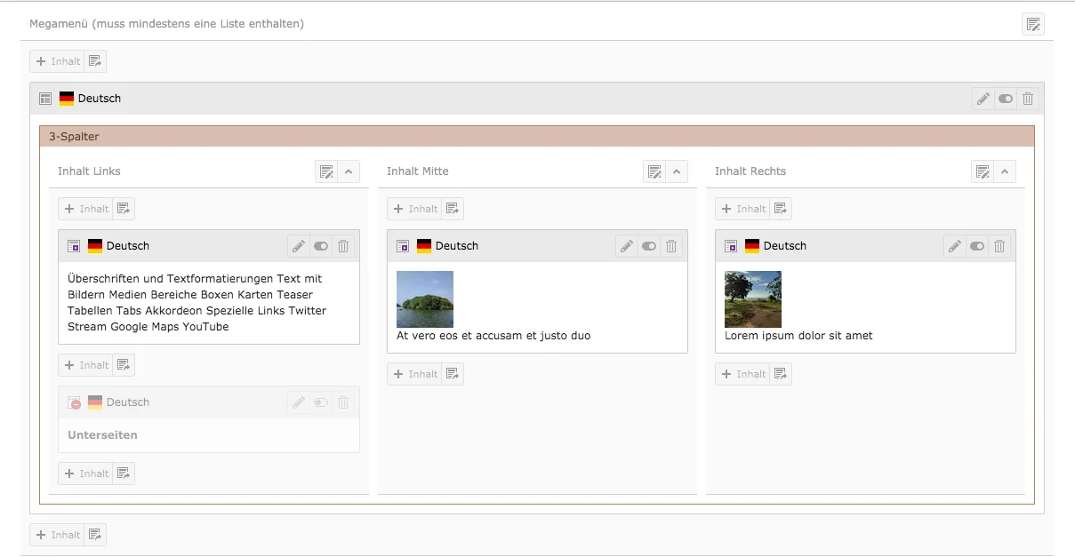TYPO3 Megamenü Spalte Backend