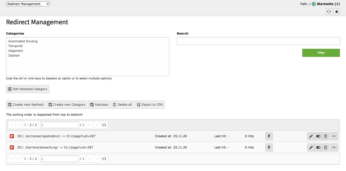 TYPO3 Backend Module Redirects Redirect Management