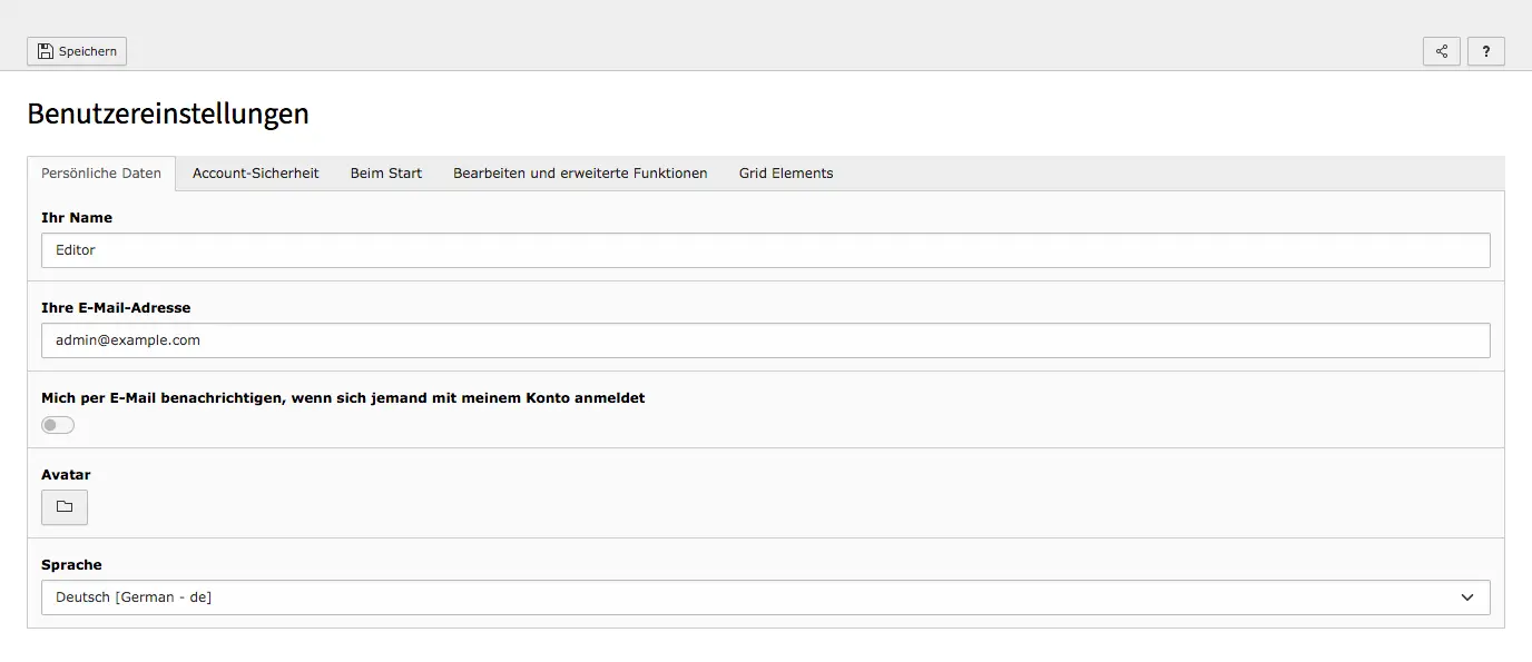 TYPO3 Benutzereinstellungen Persönliche Daten