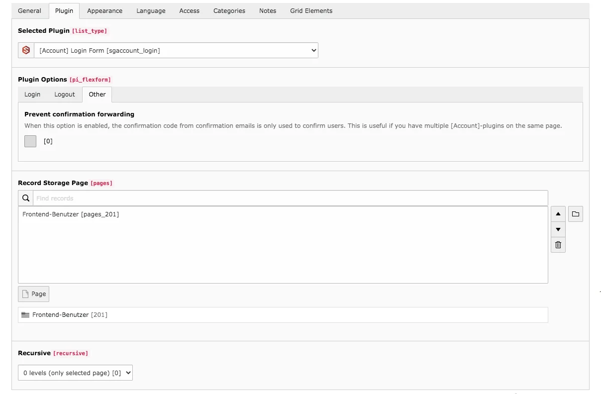 TYPO3 Content Element Account Login Backend Tab Plugin