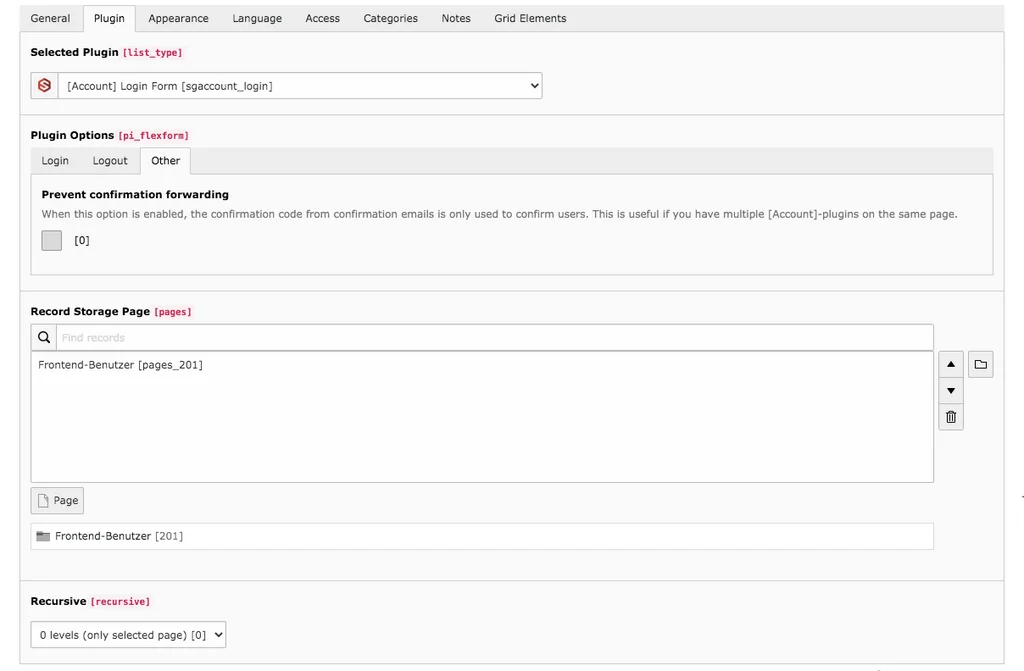 TYPO3 Content Element Account Login Backend Tab Plugin