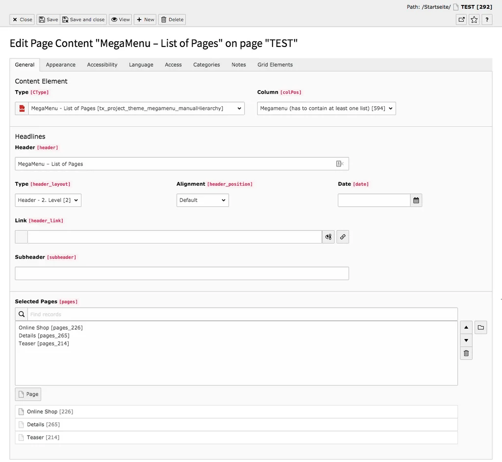 TYPO3 Content Elements MegaMenu List of Pages Backend Tab General
