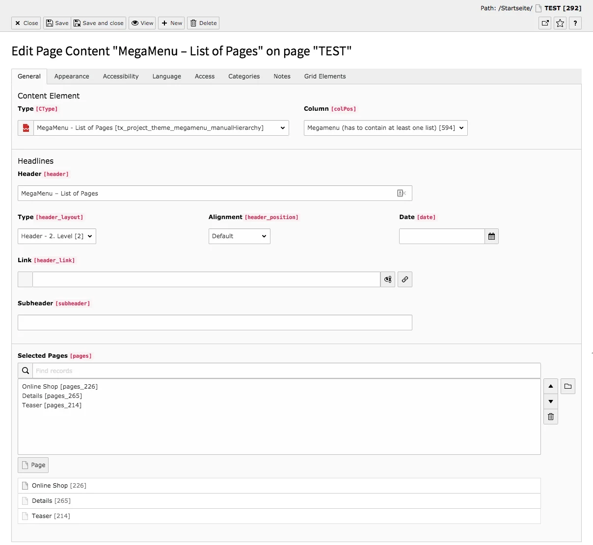 TYPO3 Content Elements MegaMenu List of Pages Backend Tab General