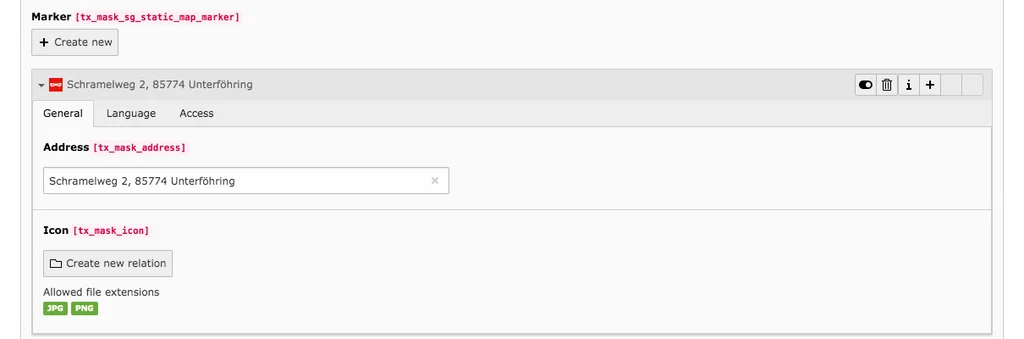 TYPO3 Content Element Mask Element Static Map Backend Tab General Marker