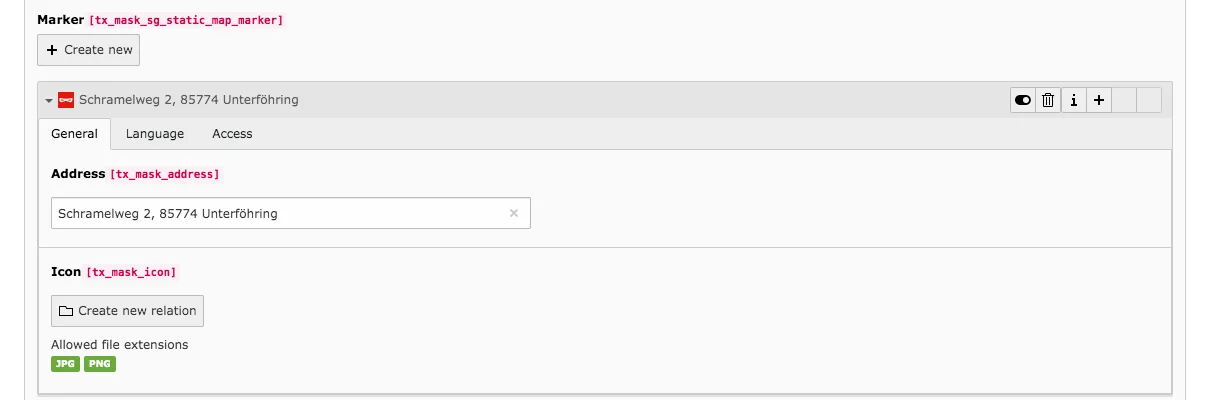TYPO3 Content Element Mask Element Static Map Backend Tab General Marker