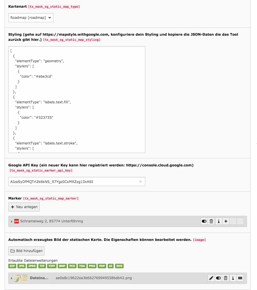 TYPO3 Mask Element Statische Karte Reiter Allgemein