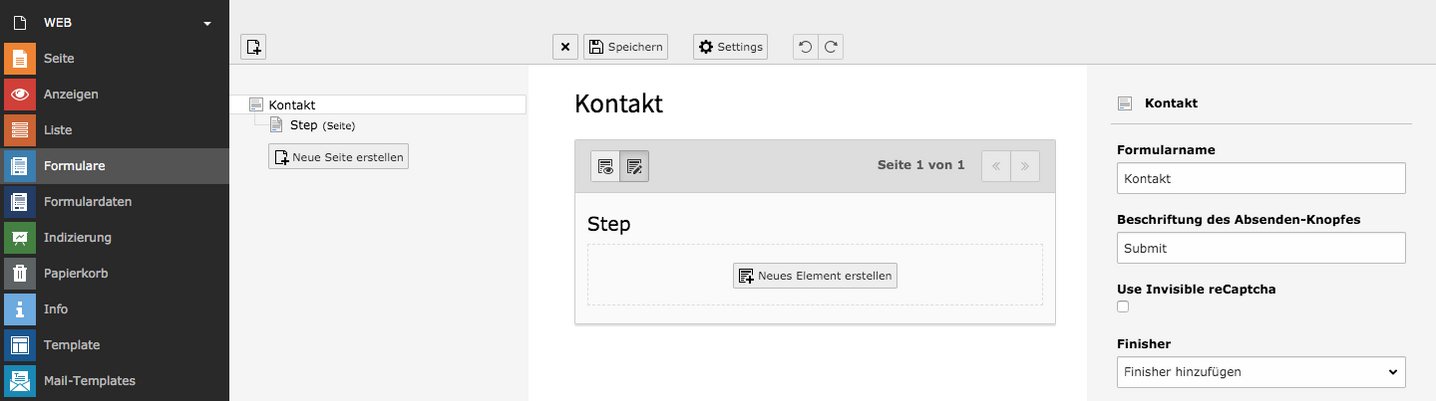 TYPO3 Modul Formulare leeres Formular