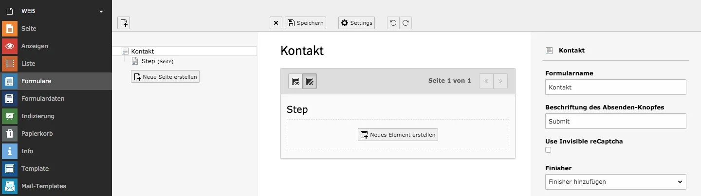 TYPO3 Modul Formulare leeres Formular