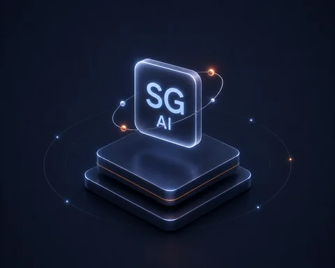 Holographic glowing SG AI icon floating above layered platforms with orbiting particles