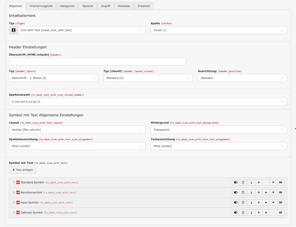 TYPO3 Einstellungen im Mask Element 'Icon with Text'