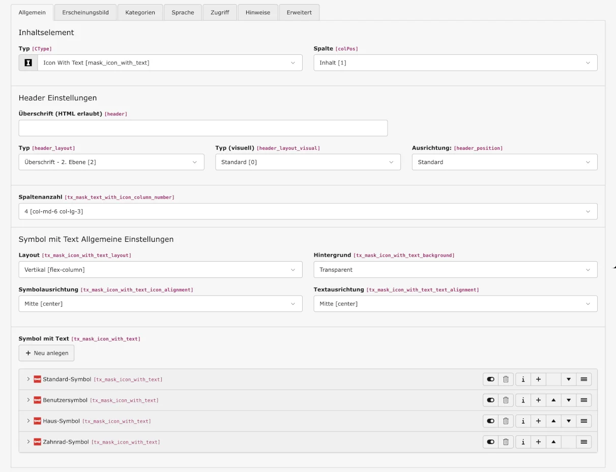 TYPO3 settings in the mask element 'Icon with Text'