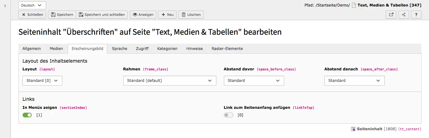 TYPO3 Inhaltselement Tab Erscheinungsbild