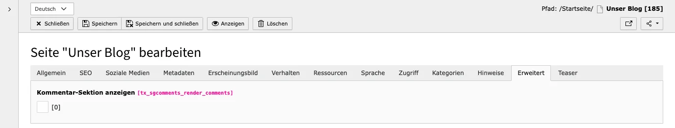 TYPO3 Seiteneigenschaften Tab Erweitert