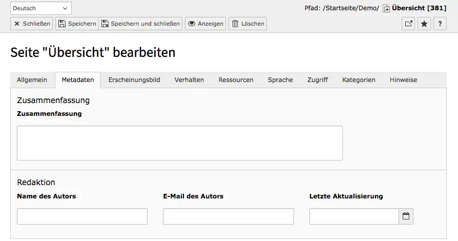 TYPO3 Seiteneigenschaften Verweis Seite Reiter Metadaten