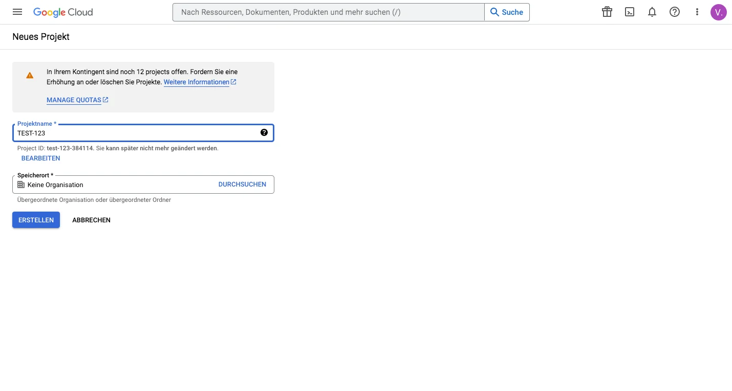 Google Cloud Console – Neues Projekt erstellen