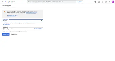 Google Cloud Console – Neues Projekt erstellen