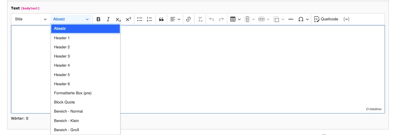 TYPO3 CKEditor Rich Text Editor Absätze Backend