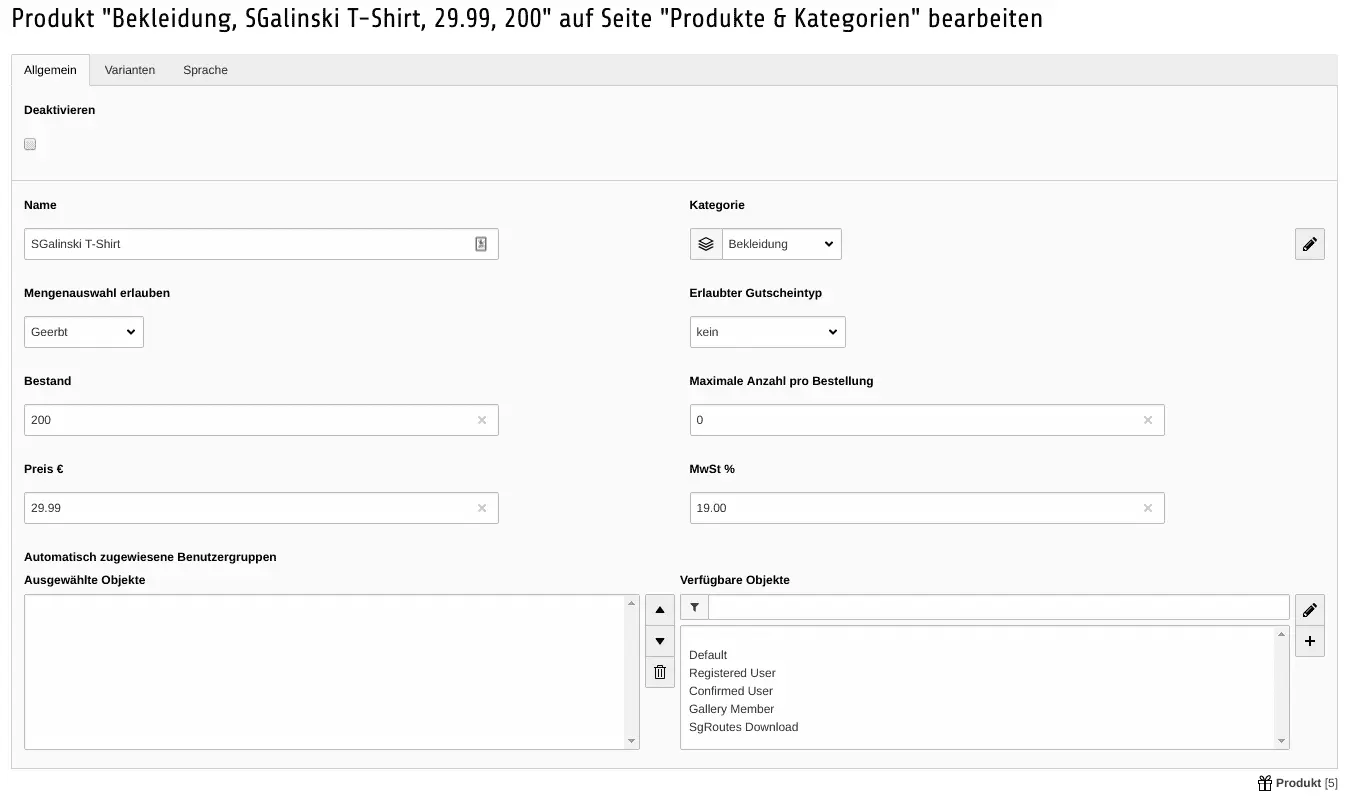 TYPO3 Shop Backend Module List Product Settings