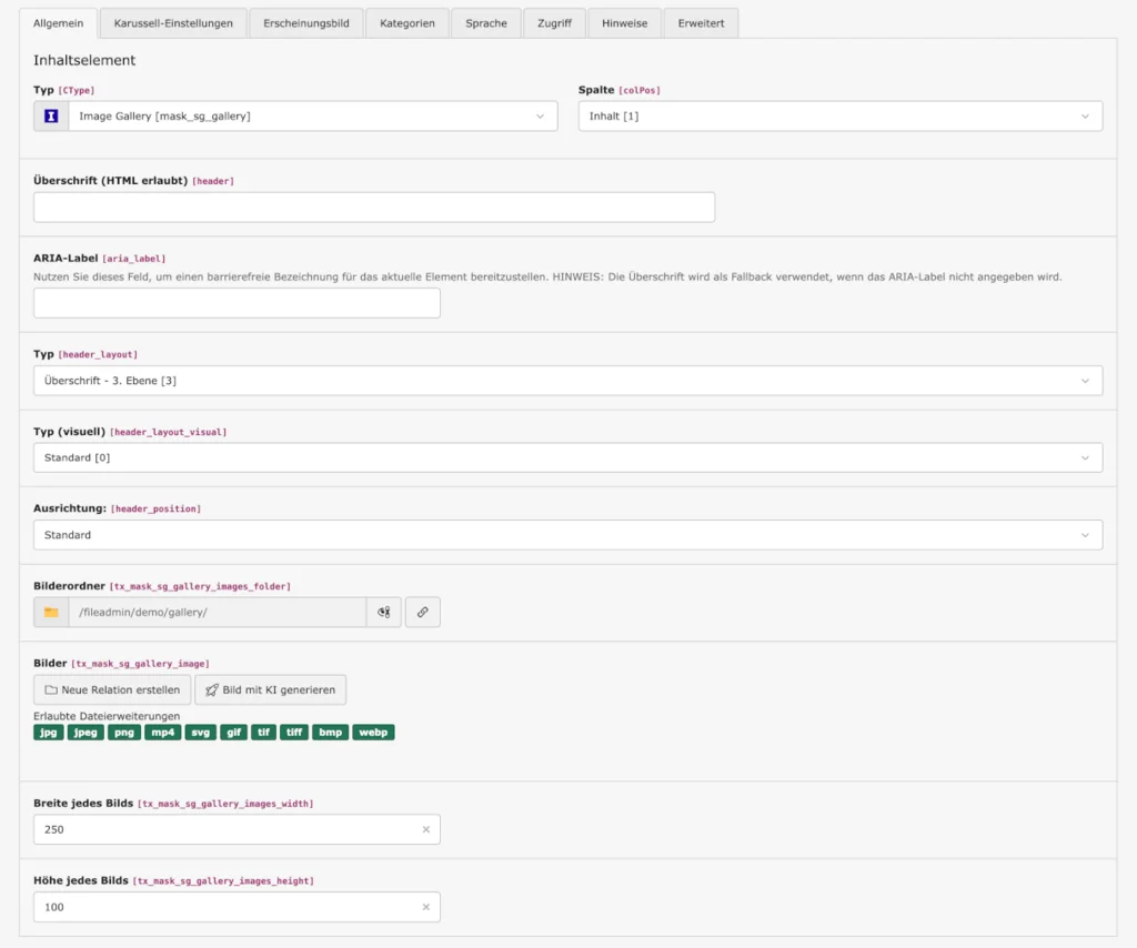 TYPO3 Mask Element Galerie Reiter Allgemein