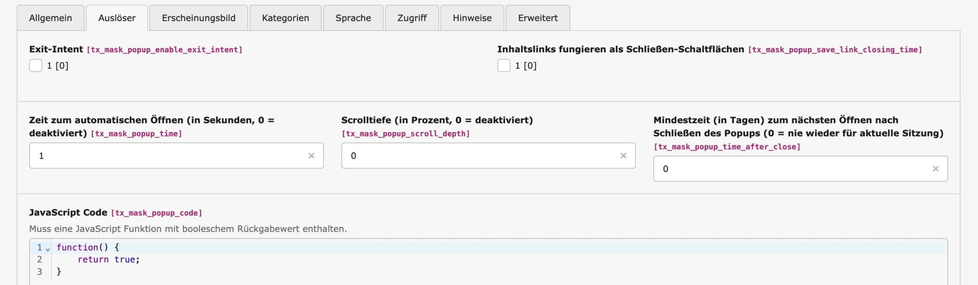 TYPO3 Backend Inhaltselement Mask Element Popup/Banner Reiter Auslöser