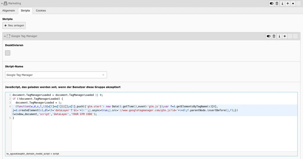 TYPO3 Cookie Consent Reiter Weitere Skript- und Cookiegruppen Skript