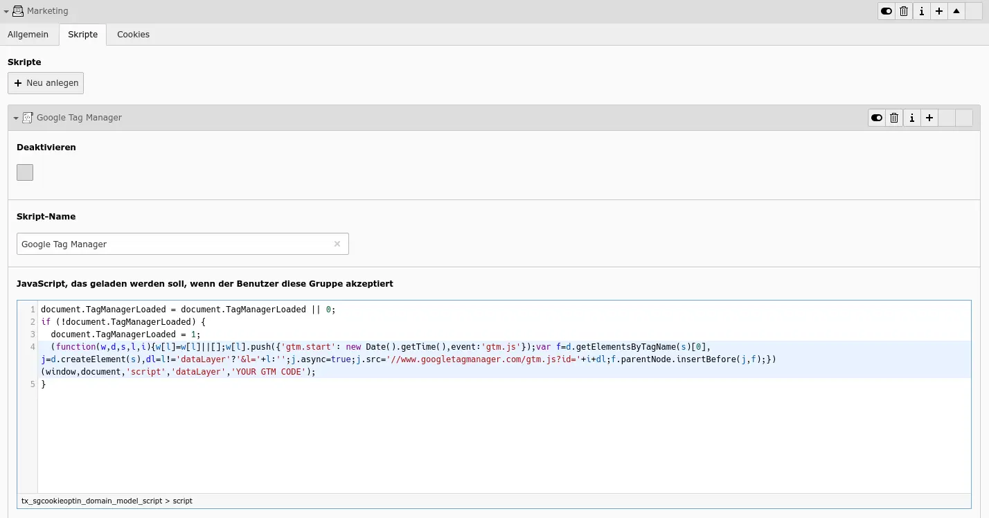 TYPO3 Cookie Consent Tab Other Script & Cookie Groups Script