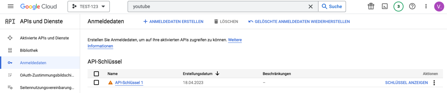 Google Cloud Console – Anmeldedaten und API-Schlüssel