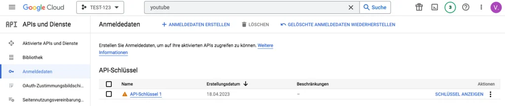 Google Cloud Console – Anmeldedaten und API-Schlüssel