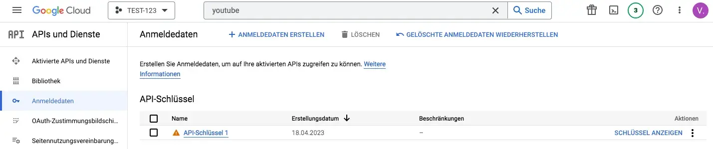 Google Cloud Console – Anmeldedaten und API-Schlüssel