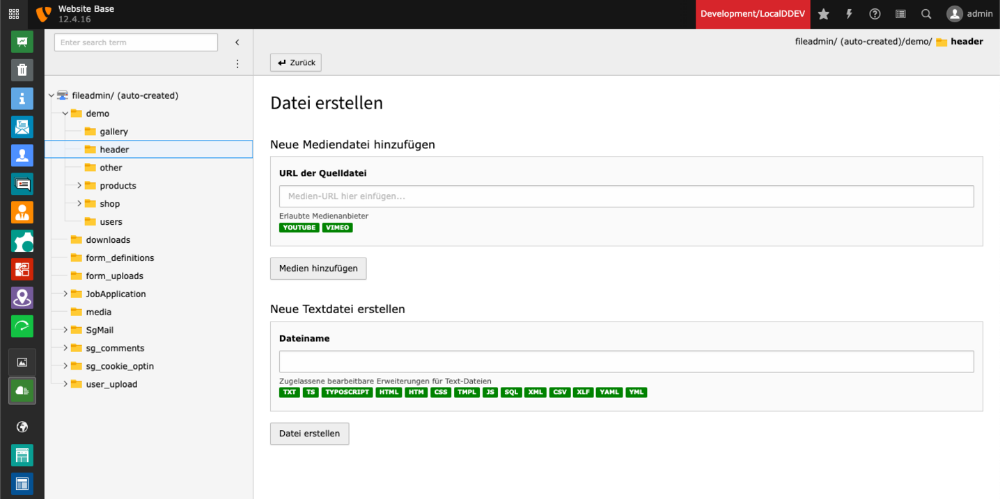 TYPO3 Dateiliste: Datei erstellen