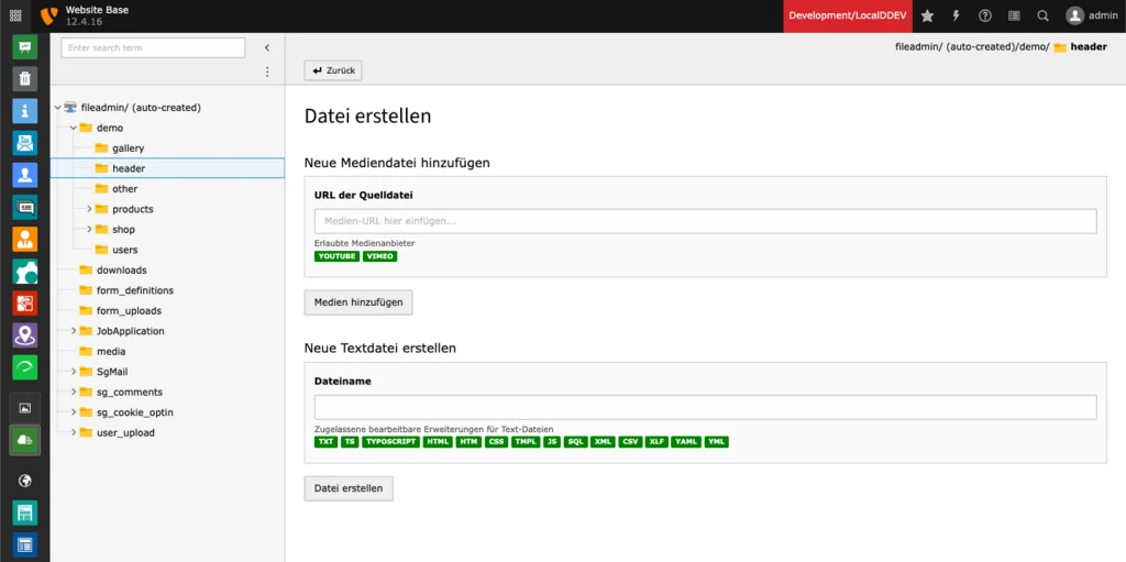 TYPO3 Dateiliste: Datei erstellen