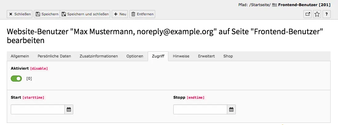 TYPO3 Modul Frontend-Benutzer bearbeiten Reiter Zugriff