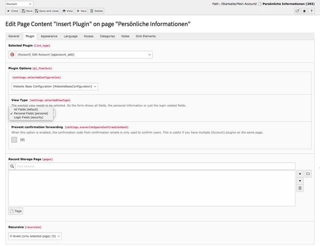 TYPO3 Content Element Edit Account Backend Tab Plugin