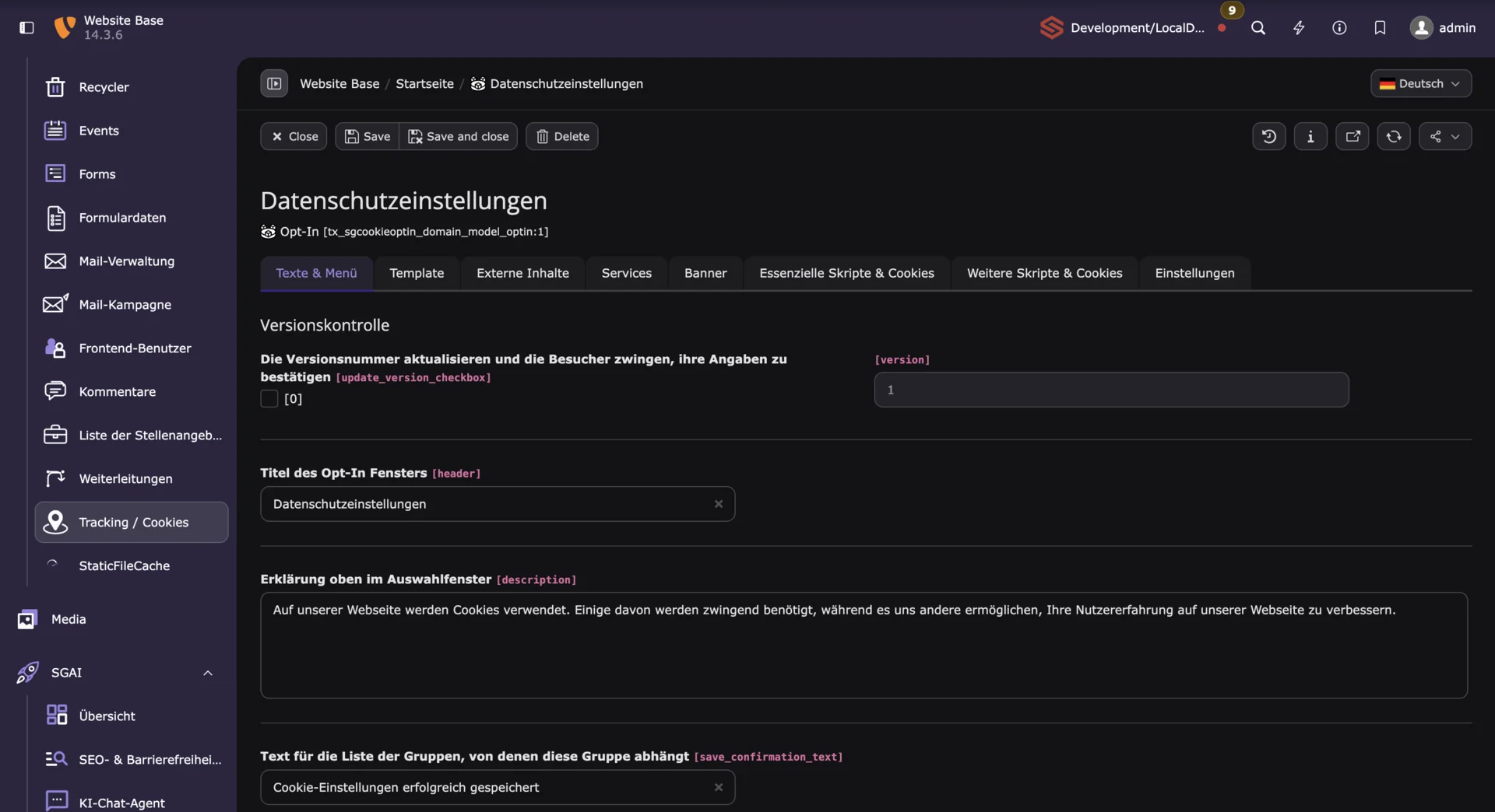 TYPO3-Backend: Datenschutzeinstellungen mit Opt-In-Formular für Cookies