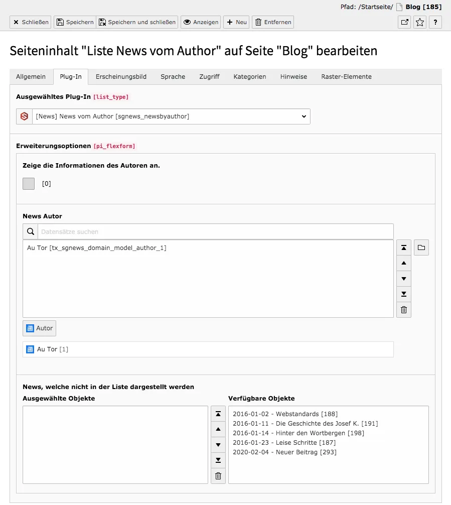 TYPO3 Inhaltselement News vom Autor Backend Reiter Plug-In