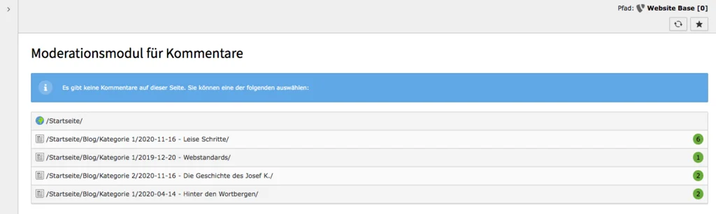 TYPO3 Moderationstool für Kommentare – Keine Kommentare auf der aktuellen Seite