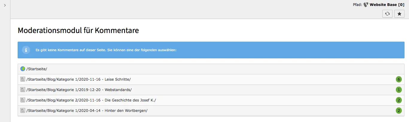 TYPO3 Moderationstool für Kommentare – Keine Kommentare auf der aktuellen Seite